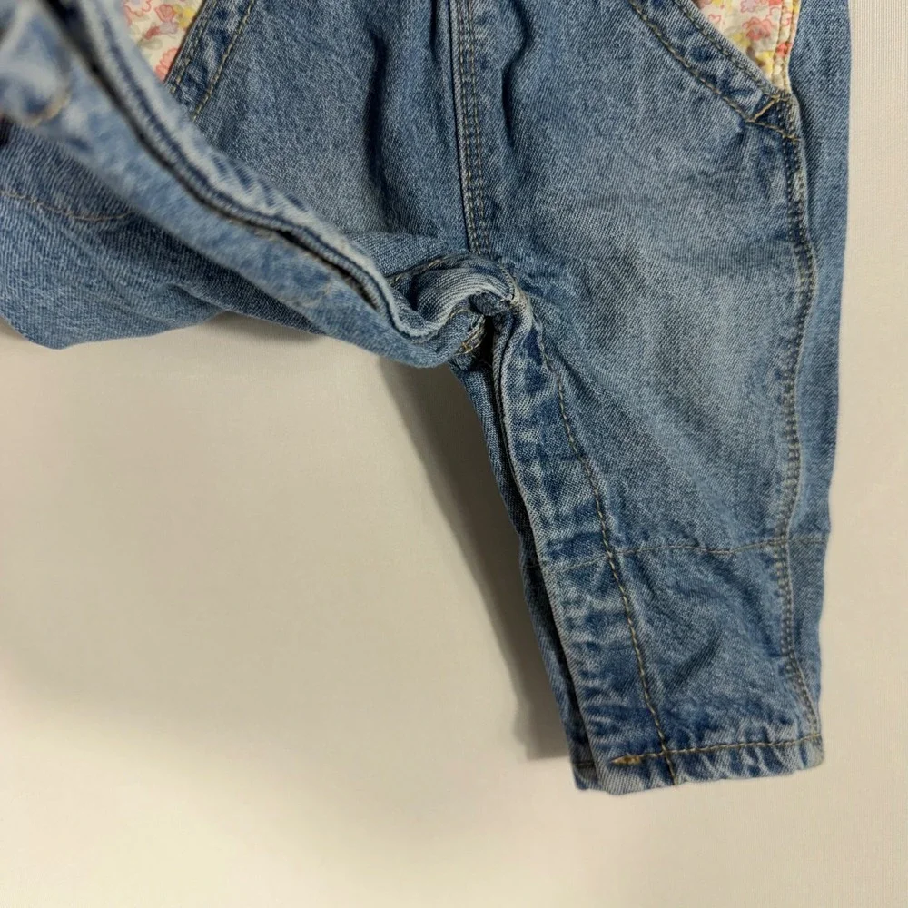 OshKosh Bgosh Baby Girl Floral Denim Overalls 3M Pink Blue Vestbank Bib RARE HTF